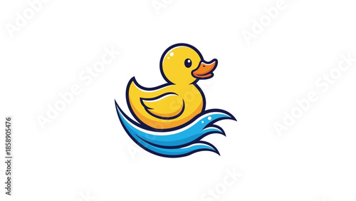 A yellow rubber duck floating on calm blue water from a side viewpoint