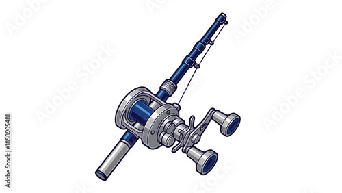 Fishing reel with spinning rod on a white background