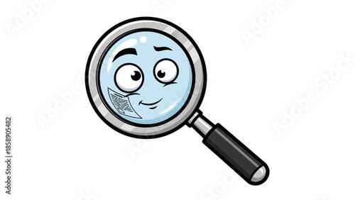 A cartoon magnifying glass with a smiling face is viewed against a white background