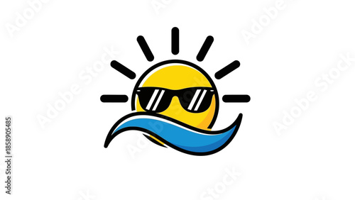 A stylized sun wearing sunglasses floats on a wave under sunny weather