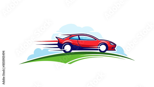 Red sports car speeding on a green hill with blue clouds in the background