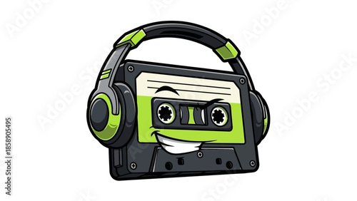 A cartoon cassette tape with headphones and a smiling face against a plain white background