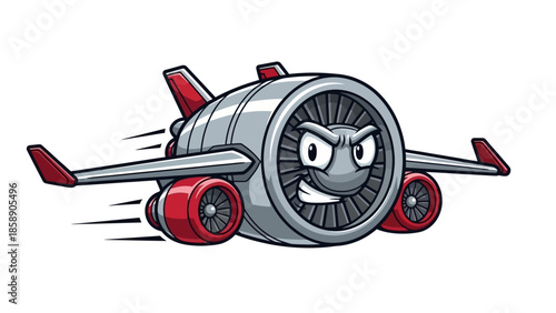 A cartoon airplane engine with a menacing face and red accents flies through the air with motion blur