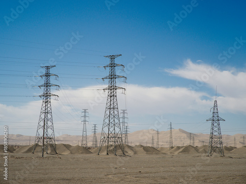 High-voltage electricity transmission tower on the Gobi Desert