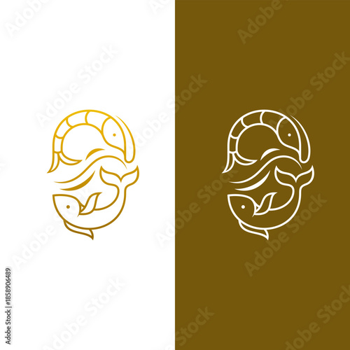 Seafood logo, logo of shrimp and fish swimming together forming a circle
