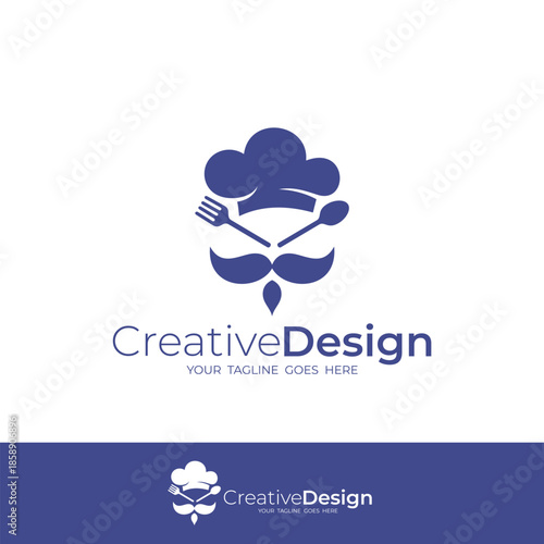 chef logo with mustache and cooking utensils