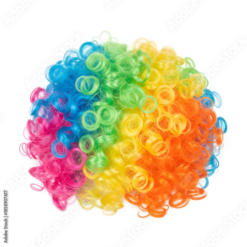 A colorful clown wig with vibrant, curly hair Isolated on White background