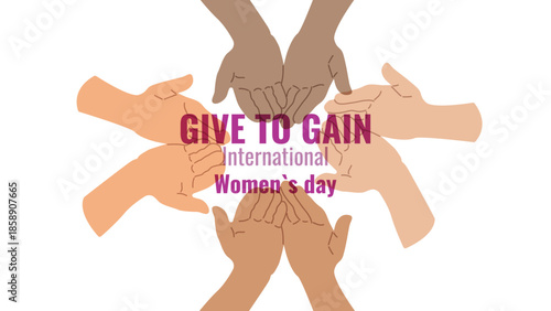 Give To Gain International Women Day Equality Through Generosity empower. Generosity as a path to gender equality. For ads web design marketing, and social campaigns. vector illustration.