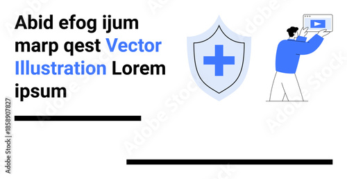 Shield with medical cross represents security and health. User interacts with video on screen. Ideal for healthcare, digital safety, online learning, technology, communication, insurance, simple