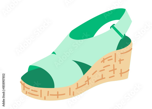 Mint espadrille wedge sandal shoe women flat. Peep toe slingback sandal with jute wedge sunny holiday outfit. Technical fashion illustration CAD mockup smooth vector man unisex isolated trendy style.