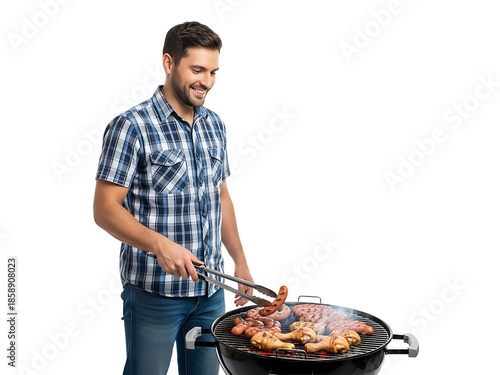 A man grilling meat on a barbecue in a casual outdoor setting