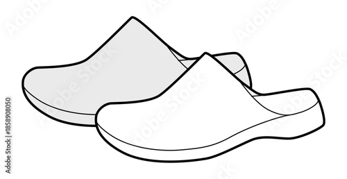 House clog sandal shoe women sketch pair. One piece rubber slipper for garden work home outfit. Technical fashion illustration CAD mockup vector man unisex isolated classic style.