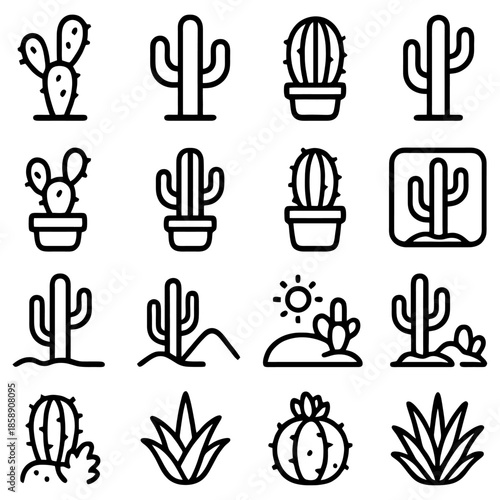 Cactus Icons: A collection of various cactus icons showcasing diverse shapes and forms, perfect for design and thematic applications.