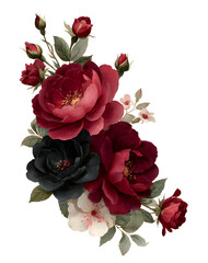 Watercolor dark red, burgundy, marsala, and black roses floral border, vintage victorian gothic style. Botanical corner frame. PNG clipart.