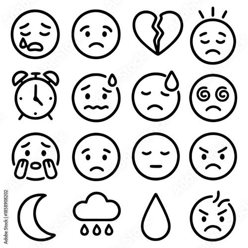 Emotions Illustrated: An array of emotions conveyed through simple, graphic symbols: sadness, worry, anxiety, anger, and other complex states of mind.