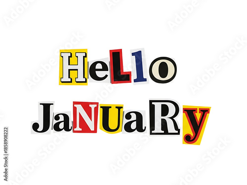 Colorful typographic representation of a greeting message for January against a plain white background from a straightforward viewpoint