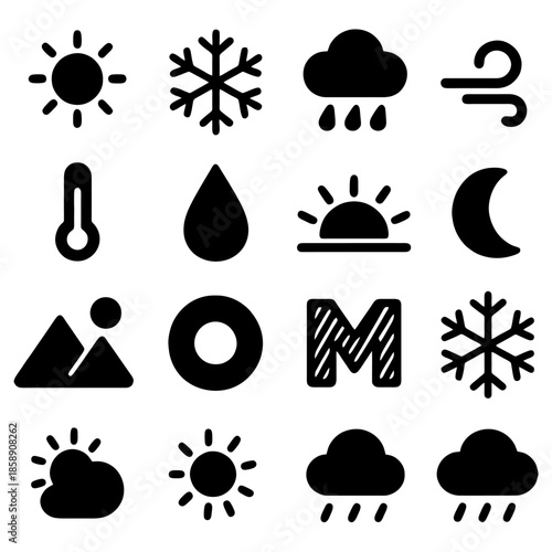 Weather Icon Set: A comprehensive collection of iconic symbols representing various weather conditions and elements. This versatile set captures the essence of meteorological phenomena.