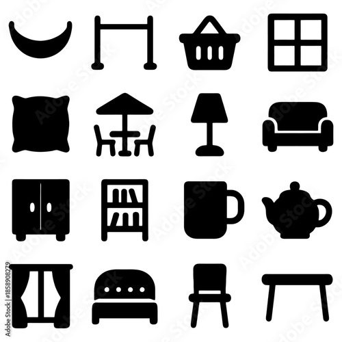Silhouettes of Home Comforts and Decor: A collection of simple, stylized silhouettes, representing familiar objects and elements found in a home, offering a versatile visual resource.