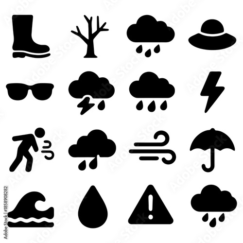 Weather Icons: A collection of various weather icons, neatly arranged to represent different weather conditions, suitable for informational or design purposes.