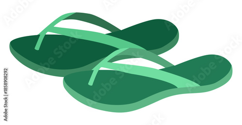 Green flip flop sandal shoe women flat pair. Classic thong beach footwear for resort hotel pool. Technical fashion illustration CAD mockup soft vector man unisex isolated contemporary style.