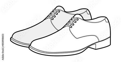 Buck mens suede shoes sketch pair. Casual derby footwear with contrast sole preppy campus style. Technical illustration CAD mockup sketch vector women unisex outline isolated.