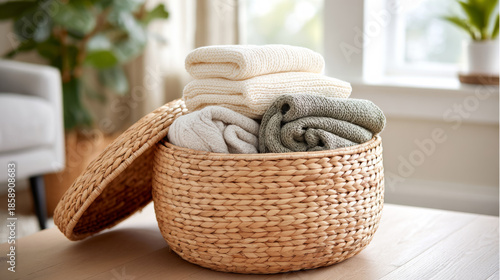 Cozy living room with woven basket ottoman for blanket storage