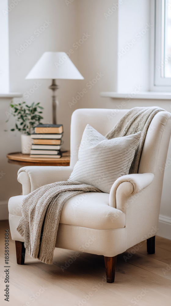 Fototapeta premium Cozy bedroom reading nook with chair, throw blanket, and lamp for relaxation