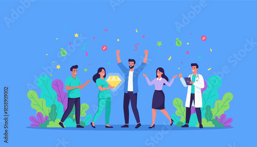 Happy business team winning big diamond prize celebrating success and recognition