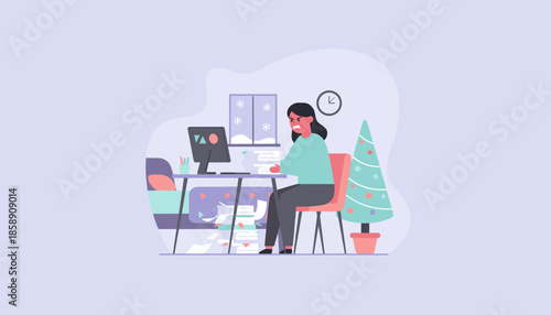 Frustrated employee overwhelmed by workload and deadlines while working through the holiday season
