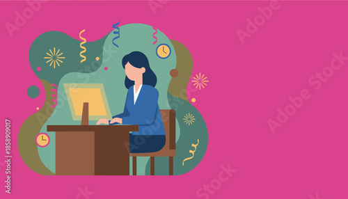 Dedicated businesswoman working on PC surrounded by festive abstract elements and clocks