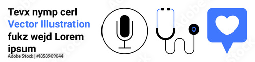 Communication, healthcare, social media, podcasting, telemedicine, health technology. Microphone, stethoscope and heart inside a speech bubble. Communication and healthcare in digital contexts
