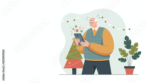 Senior man confused by smartphone during Christmas dealing with tech stress or app errors