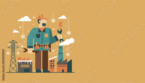 Electricianengineer maintains power lines near an industrial plant in winter Energy supply concept illustration