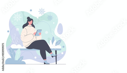 Cozy woman uses tablet outdoors in a frosty abstract winter setting Digital connectivity