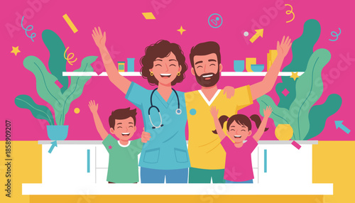 Happy healthcare worker parents and joyful kids celebrate success and wellbeing in a bright modern illustration