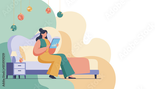 Woman analyzing business data on a tablet while relaxing comfortably on a bed during the festive holiday season Remote work and planning