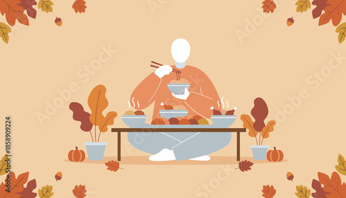 Illustration of a cozy autumn dinner Person enjoys noodles surrounded by harvest food and fall leaves