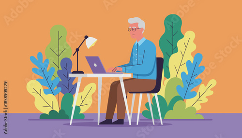 Senior man uses laptop for remote work or learning in a colorful modern illustration style