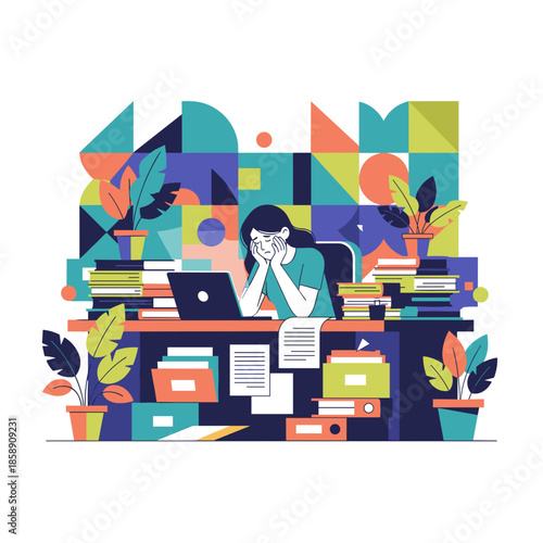 Stressed woman overwhelmed by work overload and highpressure deadlines in a busy office illustrating burnout