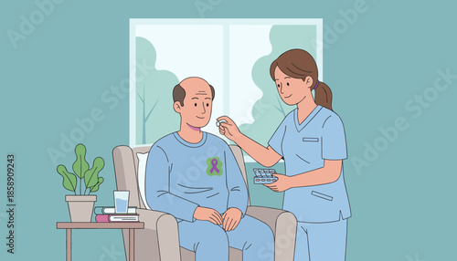 Healthcare worker assists senior man with medication in a caring environment