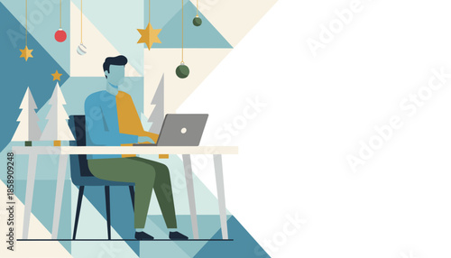 Man works on laptop in geometric festive office decorated with Christmas ornaments Holiday business concept