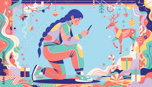 Modern woman using smartphone in a vibrant abstract Christmas illustration