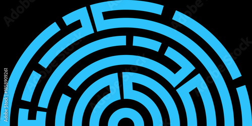 Abstract blue circular maze pattern on black background, modern geometric design