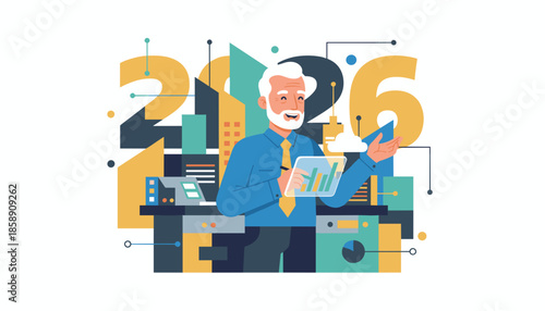 Senior executive analyzes 2026 business plan and financial data on a transparent tablet