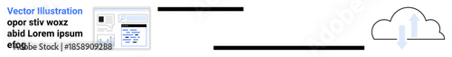 Data management, technology, cloud storage, file sharing, digital organization, remote work. Document icon and cloud upload symbol connected by a line. Data management and technology concept