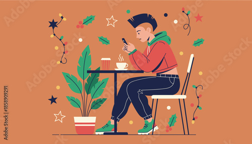 Urban youth using smartphone in a festive coffee shop decorated with lights and holly