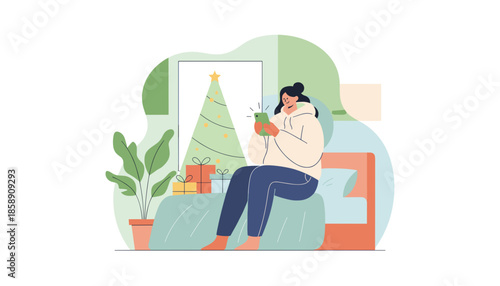 Happy woman chatting on smartphone in bed during Christmas surrounded by presents and holiday cheer