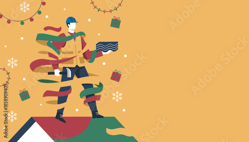 Construction worker prepares roof for winter holidays surrounded by festive ribbon and snow