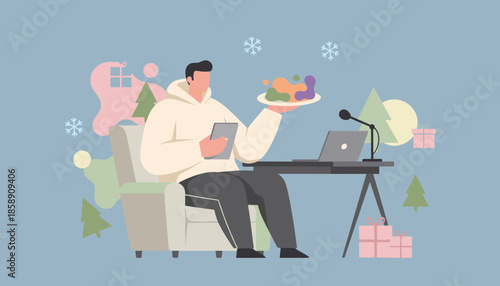 Man remote working during Christmas holding a tablet and a plate of abstract food Podcastingstreaming lifestyle
