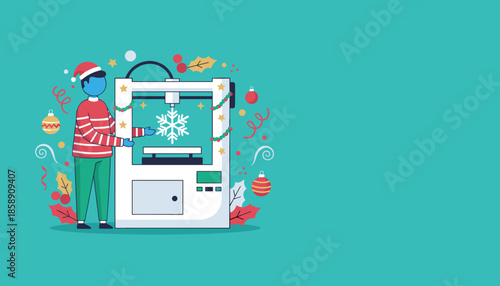 Festive man prints a snowflake using a 3D printer Holiday tech innovation illustration